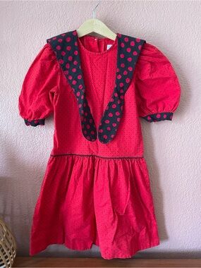 Vintage 80s Red Polka Dot Collared Girls Dress